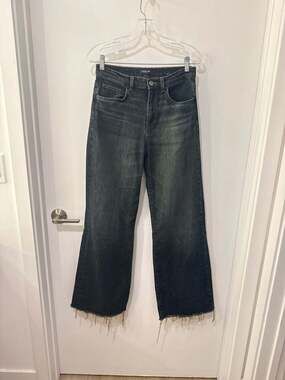 Massimo Dutti Dark Blue Mid-Rise Wide Leg Frayed Hem Jeans